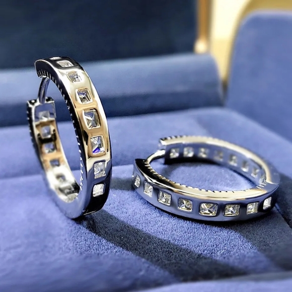 New Trendy Highest Quality Micro Paved CZ Sterling Silver Hoop Earrings - Picture 2 of 6